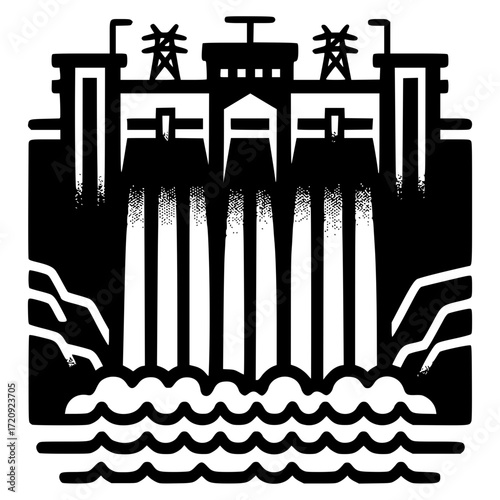 Minimalist hydroelectric dam black vector icon with transparent background 