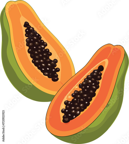 Two Halved Papayas With Black Seeds fruit tropical