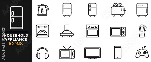 Kitchen appliance icon set refrigerator toaster microwave outline vector