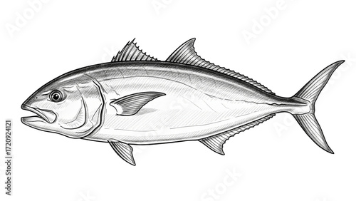 Detailed black and white vector illustration of a large jack fish isolated on white background, realistic hand drawn marine species artwork perfect for fishing, seafood market, biology education