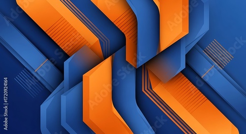 A dynamic abstract design featuring intersecting geometric shapes in vibrant orange and blue hues.