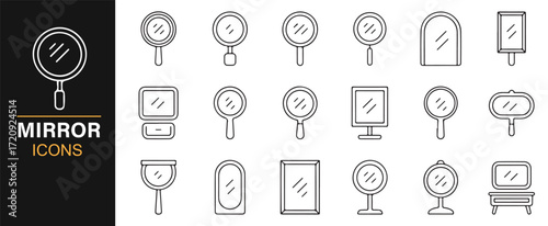 Decorative mirror icons set outline vector illustrations of furniture decor