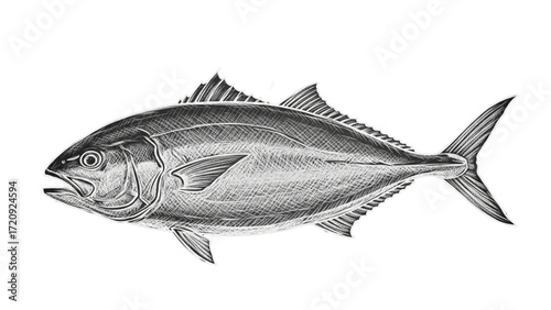 Highly detailed black and white engraved style illustration of a tuna fish isolated on white background, realistic vintage marine animal drawing perfect for fishing, seafood industry, biology
