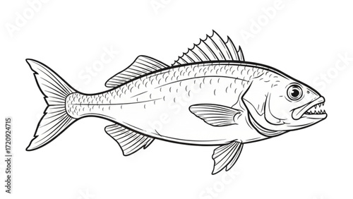 Detailed black and white vector drawing of a predatory fish with sharp teeth and dorsal fin isolated on white background