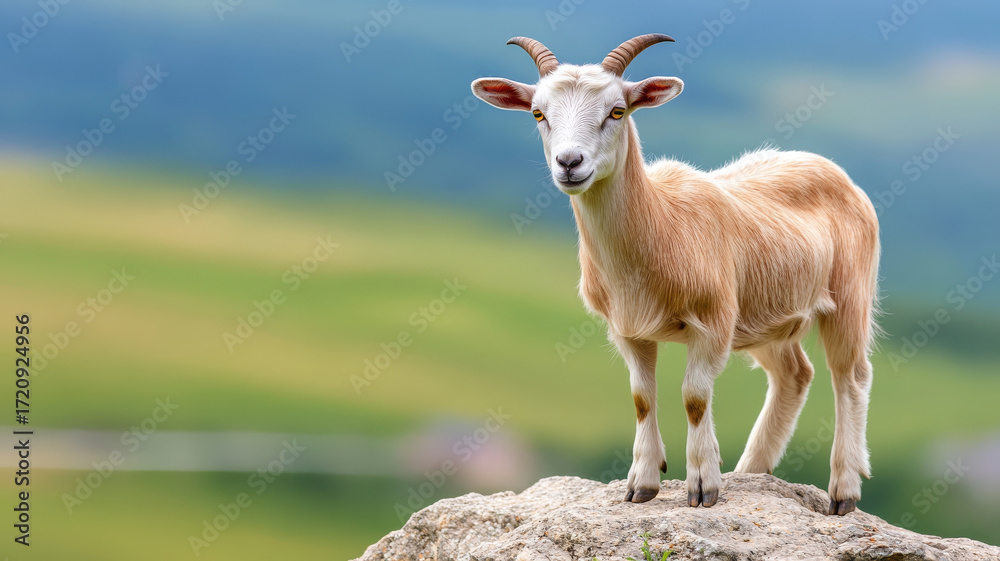 Obraz premium Goat rock horn animal nature standing outdoor blurred background countryside mammal fur