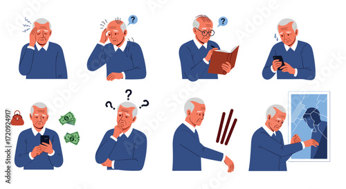 Illustrations of elderly man experiencing various common age related issues and anxieties.