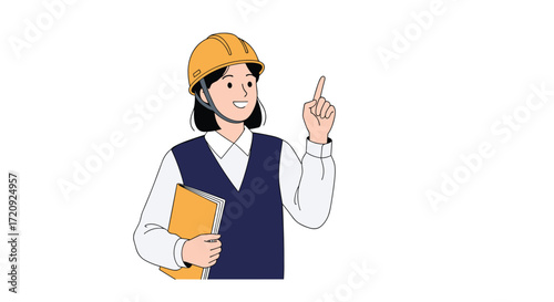 A female engineer in a yellow helmet holding a folder points upwards with her index finger.