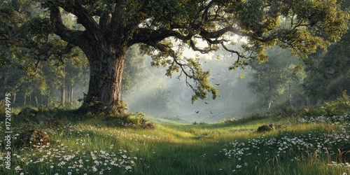 Fototapeta Naklejka Na Ścianę i Meble -  Lush meadow beneath a large oak tree in a sunlit forest