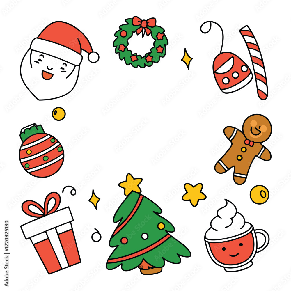 Fototapeta premium A charming set of Christmas holiday icons, including a cartoon Santa, snowman, and decorated tree, for your New Year's celebration designs