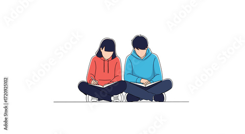 Two young students wearing hoodies sit cross legged reading books on a white background.