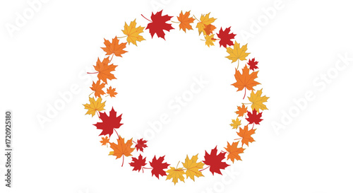 Circular arrangement of colorful autumn maple leaves in red orange and yellow hues.