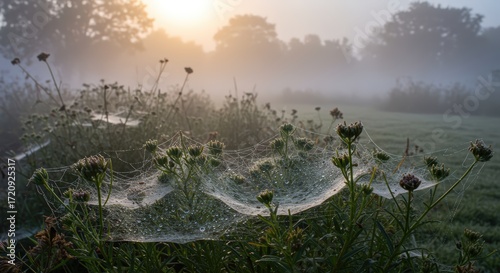A garden enveloped in a soft morning fog, with dew on spiderwebs.