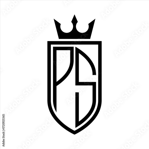 PS Vector logo of initials shield with crown and minimalist, elegant style