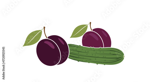 Purple plums and a green cucumber are displayed on a white background.
