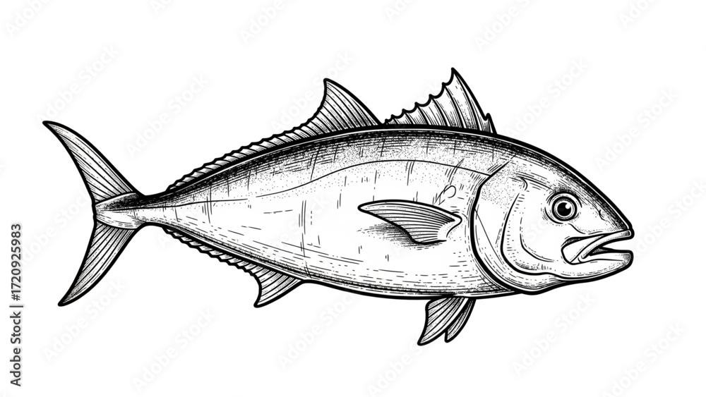 Fototapeta premium Amberjack fish in a vintage woodcut or engraving art style