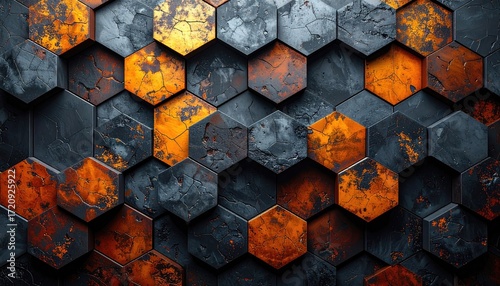 Dark, metallic hexagons with orange accents