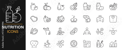 Organic healthy eating nutrition icons editable stroke vector graphic pack