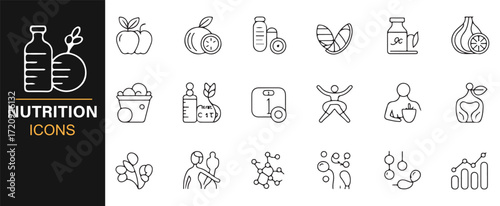 Diet and fitness nutrition icons vector collection black and white outline