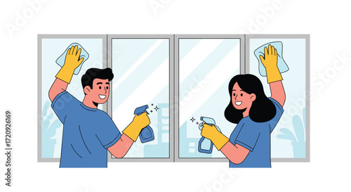 People cleaning windows with spray bottles and cloths diligently.
