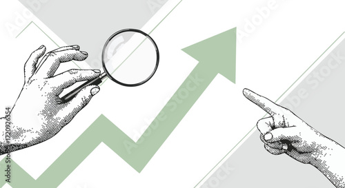 Illustration of hands, one holding a magnifying glass, the other pointing at an upward arrow.