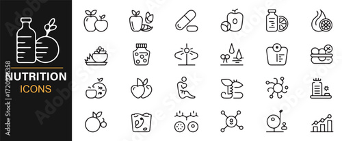 Minimal nutrition icons pack fruits vegetables supplements flat design set