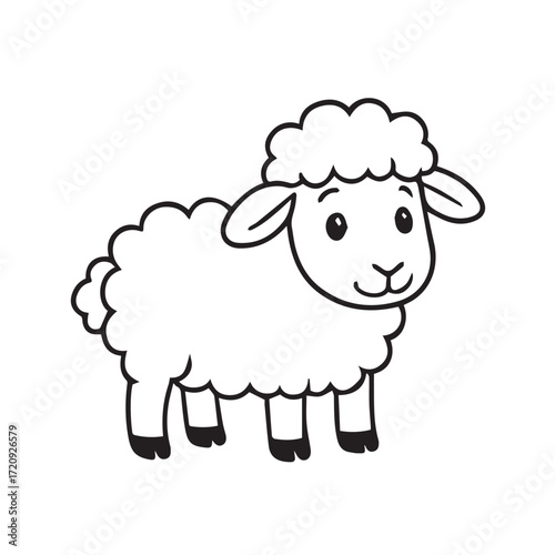 Vector drawing of a cute sheep in black and white, outlined boldly, conveying simplicity, charm, and clean, minimal cartoon illustration aesthetics.