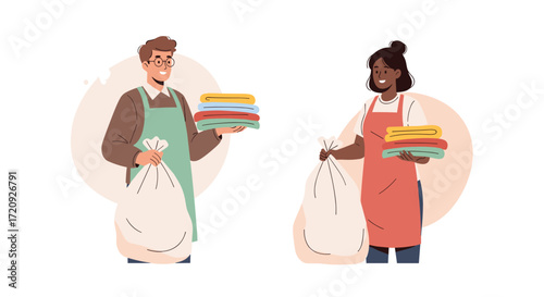 Two people are holding laundry and clothes in bags.