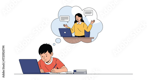 Student contemplates teacher explaining a lesson on a laptop during online learning.