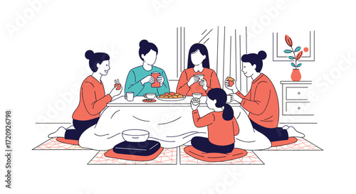 A cozy gathering of friends sharing stories and snacks around a low table and heated blanket on a winter evening.