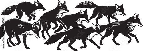 A pack of black foxes with bushy tails and pointed ears in a dynamic silhouette against a white background