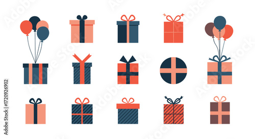 A collection of colorful gift boxes and balloons for celebrations.