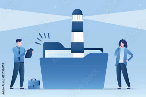 Database, searching files, management. folder with lighthouse shining light to see and find files. Storage and indexing of information. Users searching info in data archive.