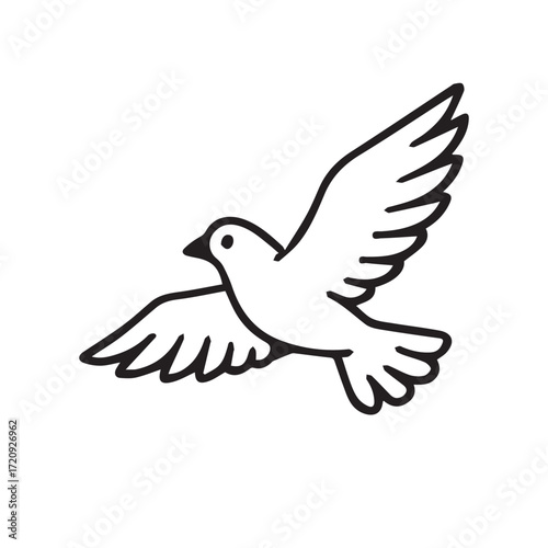 Vector design of a peaceful pigeon drawn in pure black and white tones, highlighted by strong black outline, symbolizing freedom, hope, and harmony.
