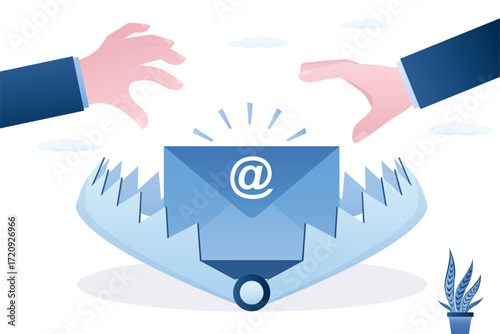 Email in animal trap, users hands catch ads, spam and viruses on gadgets. Marketing, promotion campaign. Mail and traps, spam, phishing email, marketing pitches.