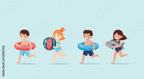 Children happily running with swimming rings and beach toys on a bright summer day.