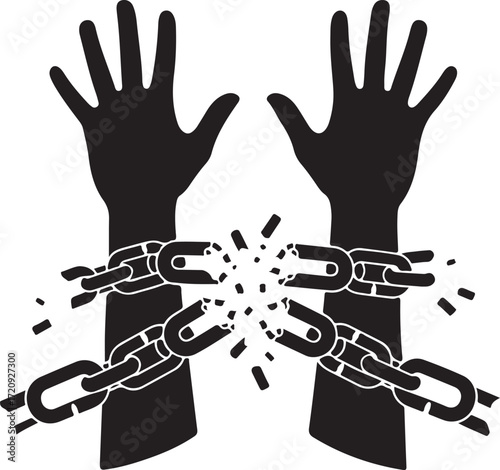 Silhouette of hands breaking free from broken chains symbolizing freedom and liberation