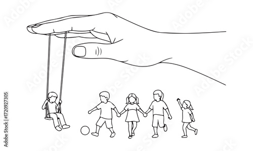 Hand controlling children like puppets on strings illustration