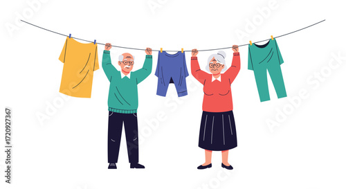 Elderly couple happily hanging laundry on a clothesline outdoors on a sunny day.