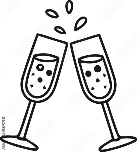 Two champagne glasses clinking with bubbles and splashes toasting celebration