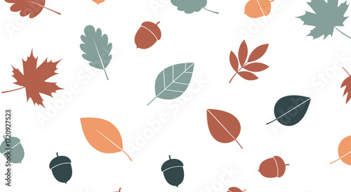 A delightful collection of autumnal leaves and acorns scattered across a white background.