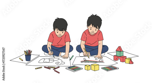 Two young children sit on the floor drawing and playing with building blocks.