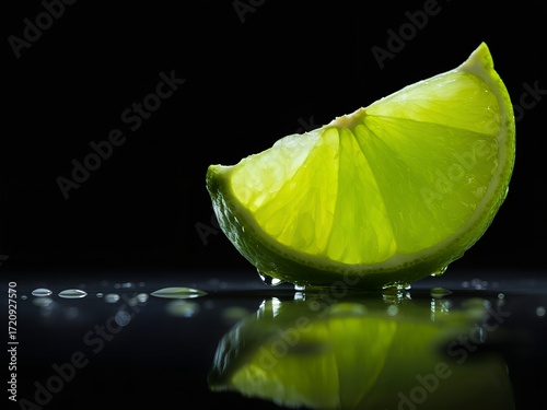 Fresh green lime slice with water droplets on a dark background. Perfect for food, beverage, and freshness concepts.