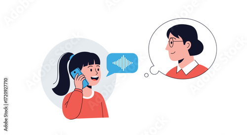 A young girl happily talks on her phone with her grandmother who is thinking of her and smiling back at the conversation.