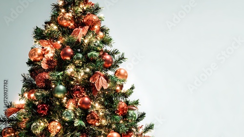 Bright festive Christmas tree adorned with glowing lights copper red and green ornaments on a clear background