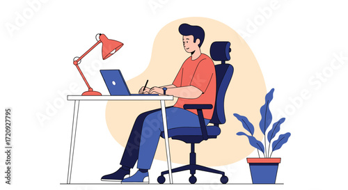 A person is working on a laptop at a desk with a lamp and a plant nearby.