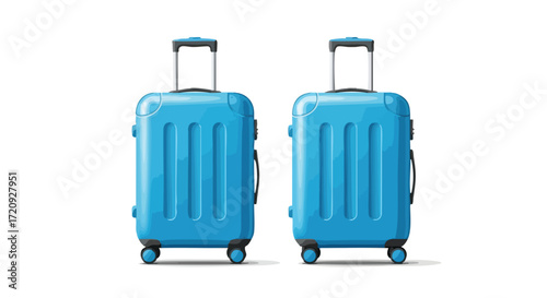 Two blue rolling suitcases with handles extended, ready for travel and transportation.