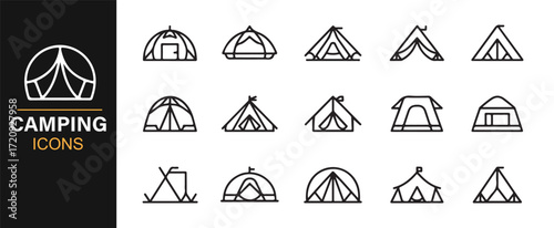 Camping gear icons collection vector outline tents and hiking symbols