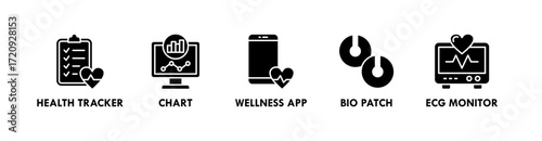 Health Tech banner web icon vector illustration concept with icon of health tracker, chart, wellness app, bio patch, and ECG monitor