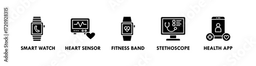 Health Tech banner web icon vector illustration concept with icon of smart watch, heart sensor, fitness band, stethoscope, and health app