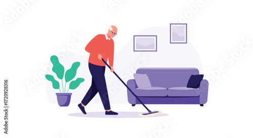 An elderly gentleman is diligently cleaning the floor of his living room with a mop.